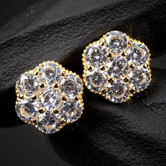 Brilliant Iced Cz Flower Cluster Yellow Gold 925 Sterling Silver Stud Earrings - Picture 1 of 5